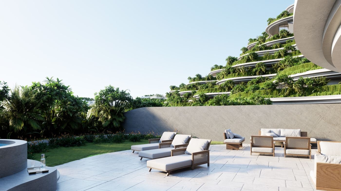 An outdoor deck at dusk