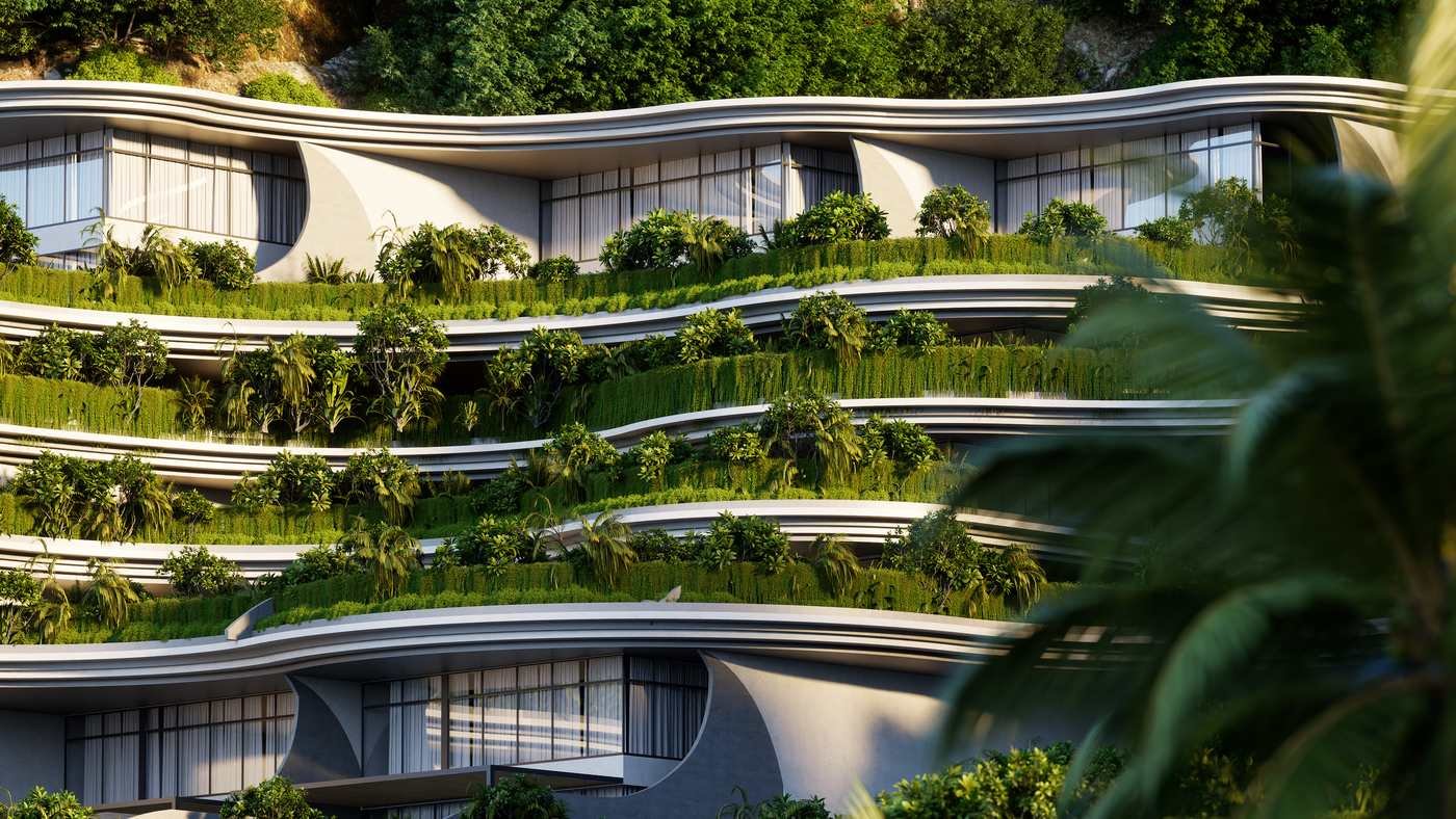 Planted terraces at close range