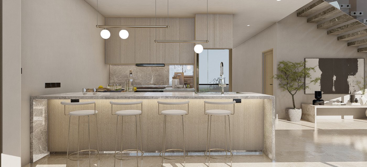 Kitchen and island